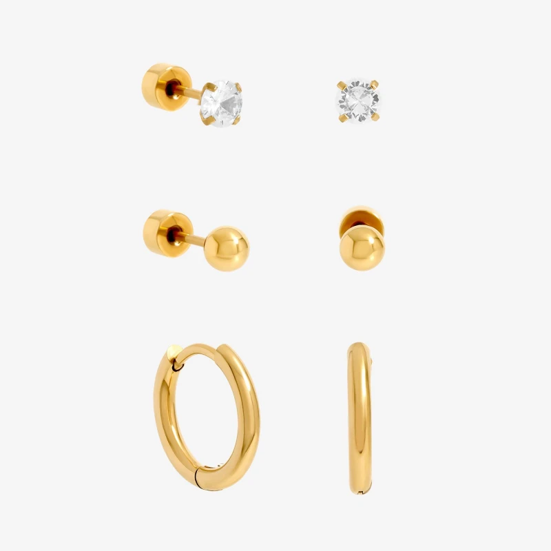 Image of Jon Richard Gold Plated Waterproof Basic Earrings - Pack of 3 Gold female One Size