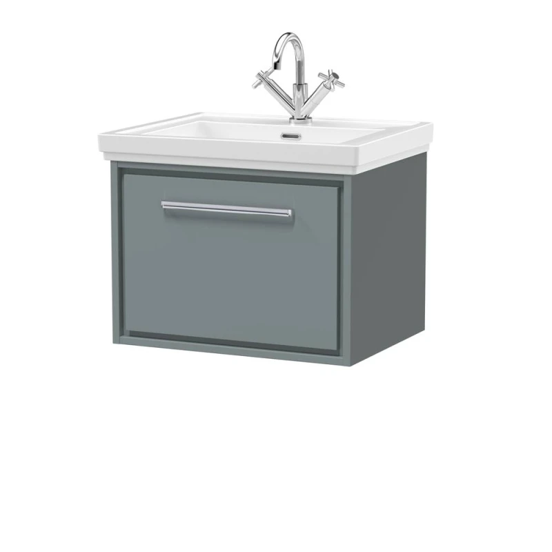 Image of Balterley Modern Bathroom Wall Hung Single Drawer Vanity Unit With Fireclay Basin, Coastal Grey, 600mm