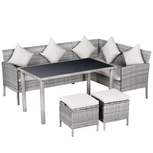 Image of Outsunny 5 Piece Modern Outdoor Patio Rattan Wicker Furniture Patio Dining Table Stool Chaise Lounge Set