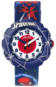 Image of Flik Flak Spider-man In Action Blue Fabric Print Strap Watch