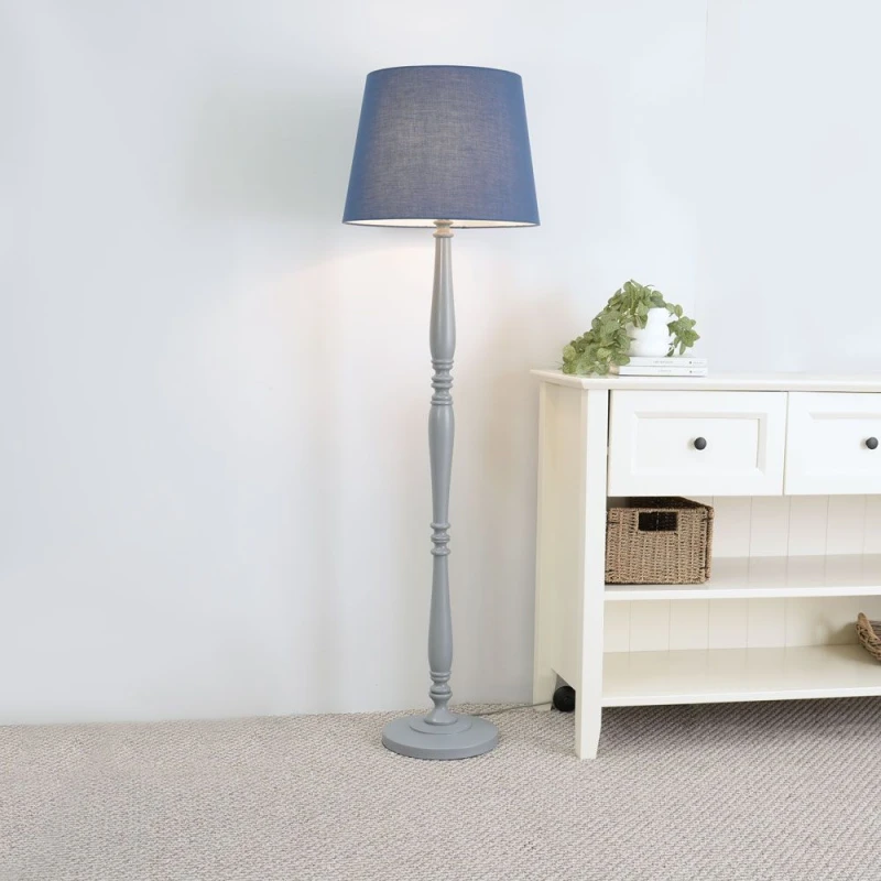 Image of ValueLights Victoria Grey Wood Traditional Stem Floor Lamp with Fabric Tapered Shade Blue