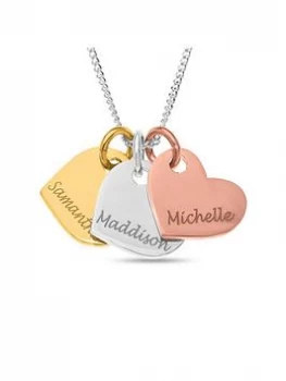 Image of The Love Silver Collection Personalised Gold Plated Sterling Silver Tri-Colour Hearts Pendant Necklace, One Colour, Women
