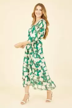 Image of Green Blossom Wrap Midi Dress With 3/4 Sleeves