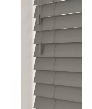 Image of Smooth Grey 50mm Fine Grain Slatted Faux Wood Venetian Blinds with Strings 130cm Drop