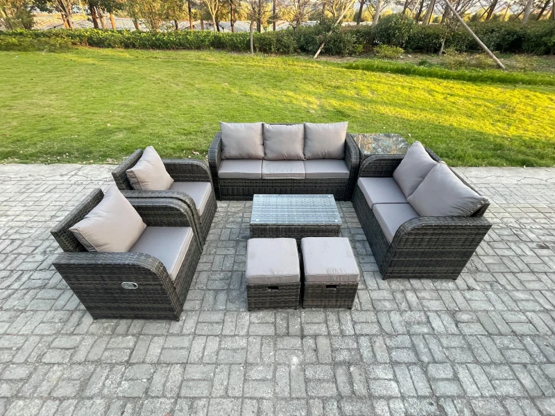 Image of Fimous 9 Seater Rattan Wicker Garden Furniture Patio Conservatory Sofa Set with Rectangular Coffee Table 3 Seater Sofa Love Sofa 2 Small Footstools Da