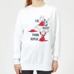 Image of Popeye Eat Sleep Yawn Repeat Womens Sweatshirt - White - M