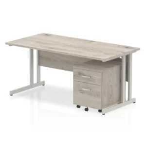 Image of Impulse 1600 Straight Cantilever Silver Workstation With Two Drawer Mobile Pedestal Bundle Grey Oak
