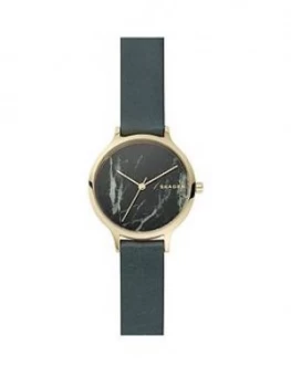 Image of Skagen Anita Gold Tone Case With Natural Marble Stone Dial And Green Leather Strap Ladies Watch
