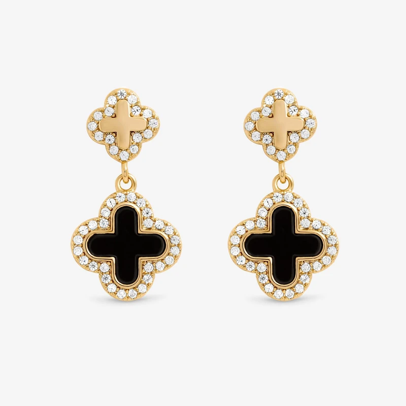 Image of Jon Richard Gold Plated Pave and Jet Enamel Clover Earrings Gold female One Size