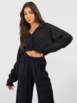 Image of Boohoo Crinkle Knot Front Shirt - Black, Size 16, Women