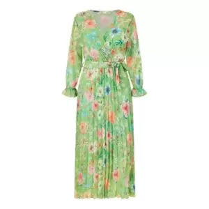 Image of Yumi Green Floral Pleated Wrap Midi Dress - Green