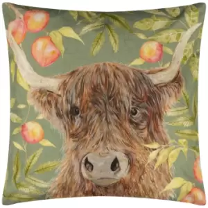 Image of Grove Highland Cow Outdoor Cushion Olive, Olive / 43 x 43cm / Polyester Filled