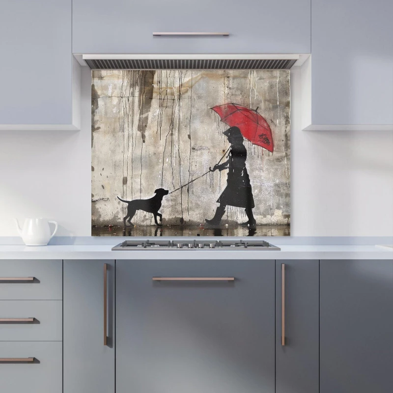 Image of Warren Reed - Designer Rainy Day Walk with Red Umbrella Kitchen Splashback in Yellow Size: 700mm x 650mm Yellow Unisex 700mm x 650mm