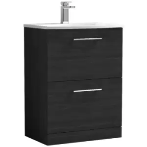 Image of Nuie Arno Charcoal Black 600mm 2 Drawer Vanity Unit with 30mm Profile Curved Basin - ARN633G - Charcoal Black