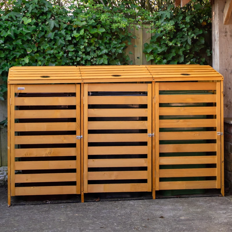 Image of 1.99m x 1.25m Large Wooden Outdoor Garden Triple Wheelie Bin Store Storage for 3 Bins