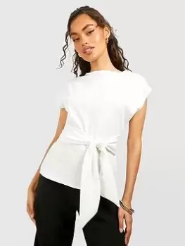 Image of Boohoo Crepe Tie Waist Slash Neck Blouse - Ivory, Cream, Size 10, Women