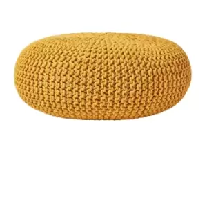 Image of HOMESCAPES Mustard Large Round Cotton Knitted Pouffe Footstool - Mustard