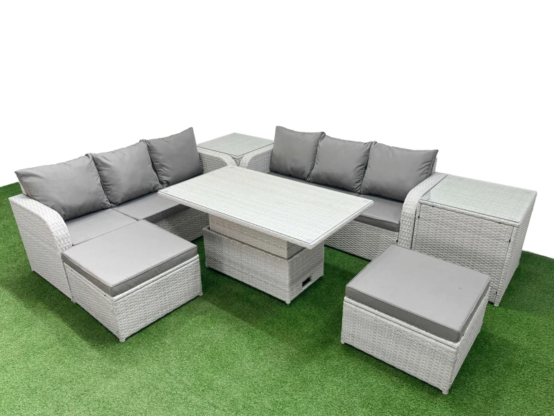 Image of Fimous Outdoor Garden Furniture Sets 8 Seater Wicker Rattan Furniture Sofa Sets with 2 Big Footstool 2 Side Table Light Grey