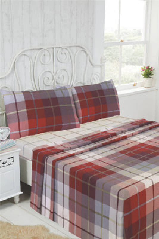 Image of Rapport Flannelette Brushed Cotton Checked Red Fitted Sheet, Flat Sheet And Pillow Case