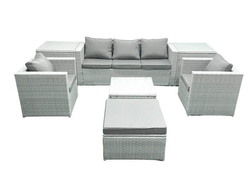 Image of Fimous 6 Seater Rattan Garden Furniture Set with 3 Seater Sofa 2 Chair Square Coffee Table Big Footstool 2 Side Tables Light Grey Mixed Light Grey
