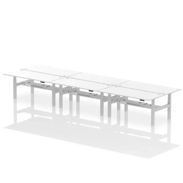Image of Air Air Back-to-Back 1800 x 800mm Height Adjustable 6 Person Bench Desk White Top with Cable Ports Silver Frame HASCP6P18800WHTS
