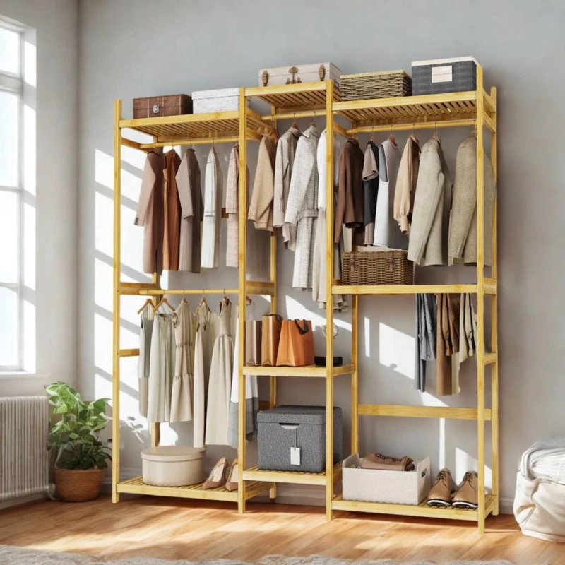 Image of Pirlo Plush Large Wooden Clothes Rack Open Wardrobe With Storage Shelves in Beige Beige Unisex