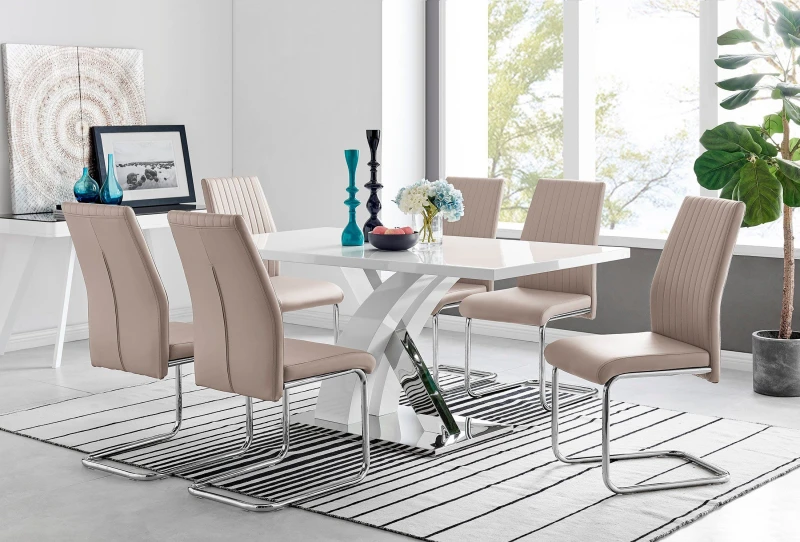 Image of FurnitureboxUK FurnitureboxUK Atlanta Modern Rectangle Chrome Metal High Gloss White Dining Table And 6 Lorenzo Chairs Set in Beige Beige One Size Uni