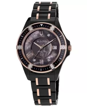 Image of Bulova Marine Star Black Mother of Pearl Dial Diamond Black Ceramic Womens Watch 98R242 98R242
