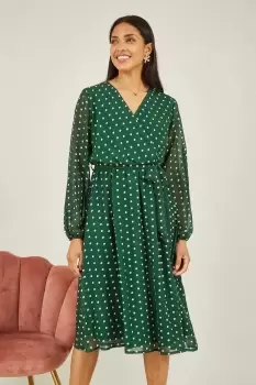Image of Green Polka Dot Long Sleeve Midi Wrap Dress