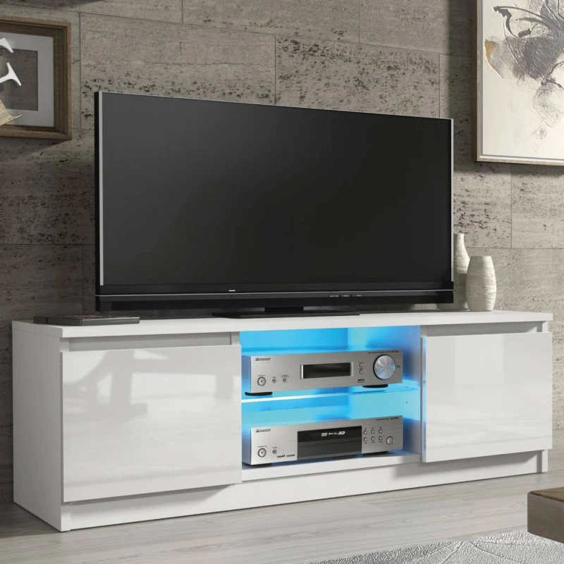 Image of Creative Furniture Aura TV Unit 120cm - White with Gloss Doors + LED Lights White Unisex
