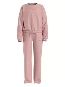 Image of Calvin Klein Jeans Girls Logo Boxy Crew Sweat And Sweatpants Set - Pink Blush, Pink Blush, Size Age: 8 Years, Women