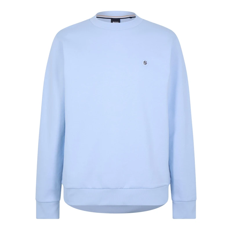 Image of Boss Mens Logo Patch Cotton Long Sleeve Crew Sweatshirt Lt Pas Blue 454 male Small