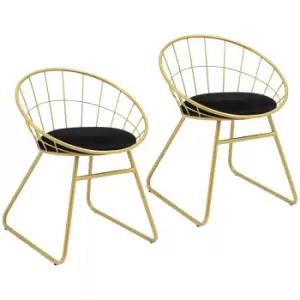 Image of HOMCOM Modern Dining Chairs Set of 2, Metal Wire Kitchen Chair with Velvet-feel Cushion, Round Back and Steel Frame for Living Room, Bedroom, Gold