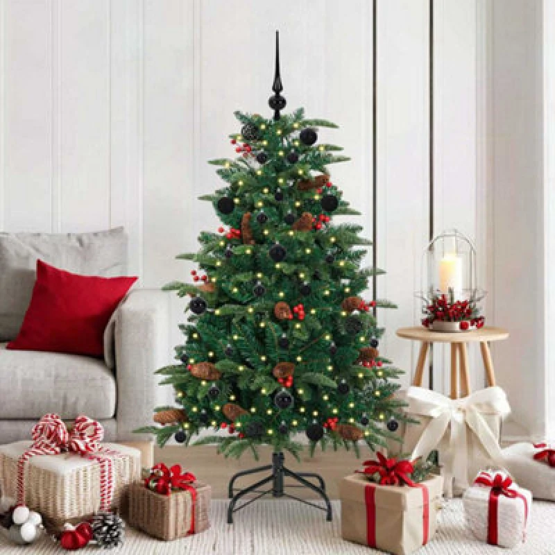 Image of vidaXL Artificial Christmas Tree with LED Strip Lights, Black Balls Green 150 cm, Green 3395542