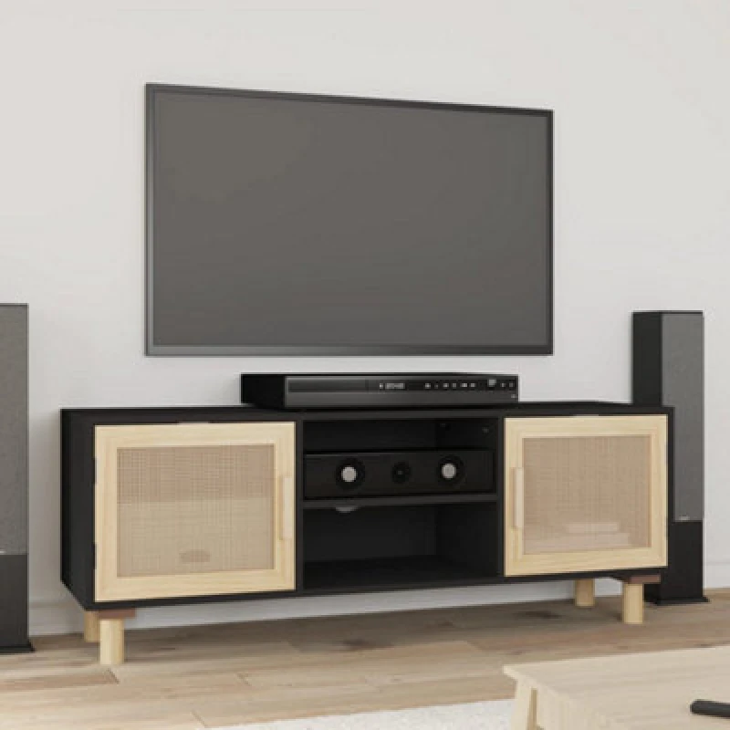 Image of Vidaxl TV Cabinet Black 105X30X40 Cm Solid Wood Pine&natural Rattan, Black 345616