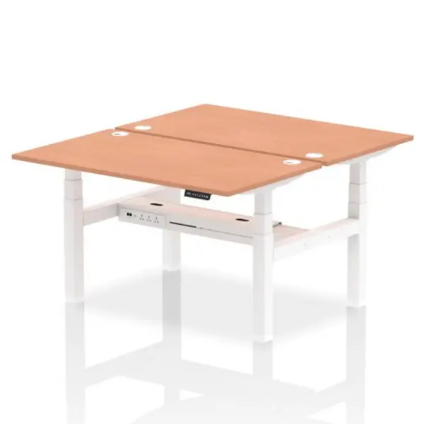 Image of Air Air Back-to-Back 1400 x 800mm Height Adjustable 2 Person Bench Desk Beech Top with Cable Ports White Frame HASCP2P14800BCHW