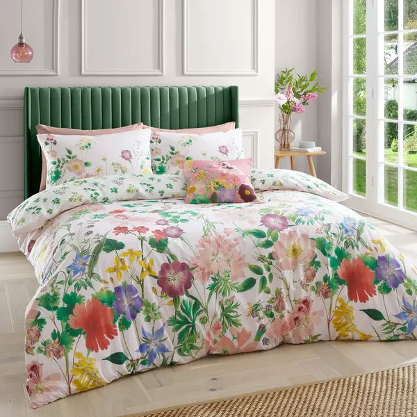 Image of RHS Cottage Meadow 200 Thread Count Pink Cotton Reversible Duvet Cover and Pillowcase Set Pink