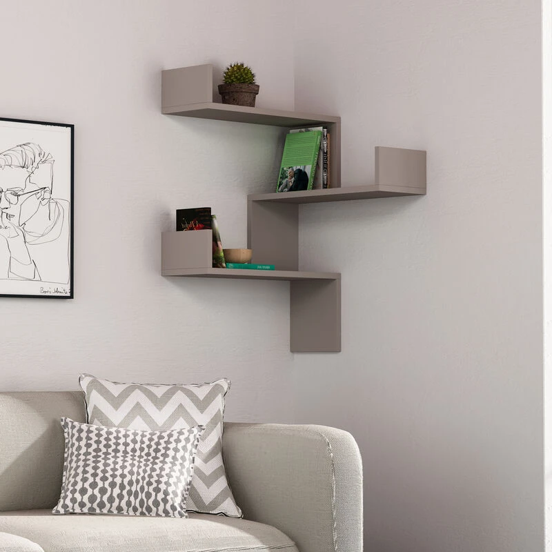 Image of DECORTIE Luksa Corner Wall Mounted Modern Bookcase Display Unit w 60cm Medium - Mocha Grey - Mocha Grey - Decortie M.KT.01.12704.9