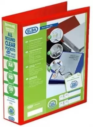 Image of Elba Panorama A4 Presentation Ring Binder PVC 4D Ring 50mm Red Pack of 4