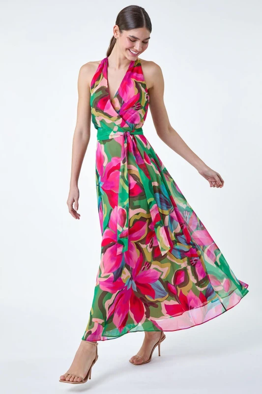 Image of Roman Floral Print Halterneck Maxi Dress Cerise female