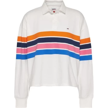 Image of Tommy Jeans Boxy Crop Long Sleeve Polo Shirt - WHITE/MULTI YBR