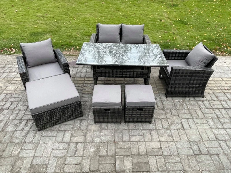 Image of Fimous 7 Seater Outdoor Garden Furniture Set Patio Furniture Rattan Rectangular Dining Table Lounge Sofa in Dark Grey Dark Grey Unisex