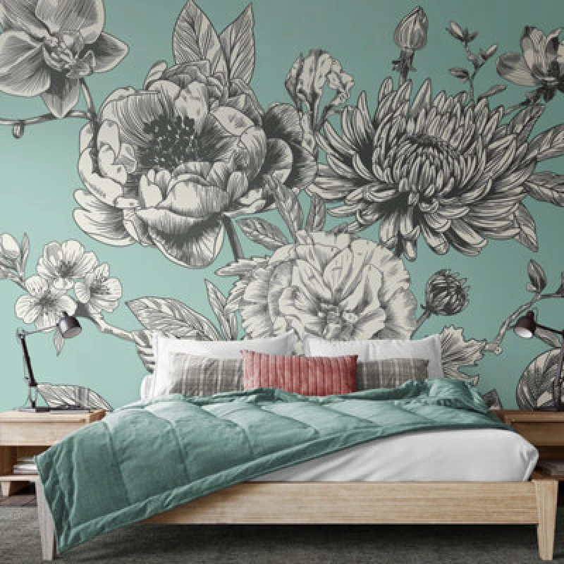 Image of Origin Murals Large Rose Toile Wall Mural in Light Blue Size: W350cm x H280cm Light Blue Unisex W350cm x H280 cm