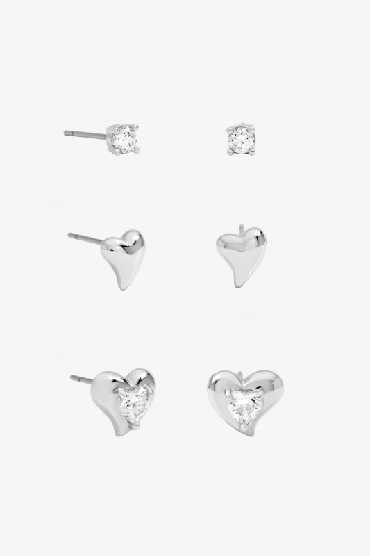 Image of Jon Richard Womens Rhodium Plated & Cubic Zirconia Heart Earrings - Multipack in Silver Silver Female One Size