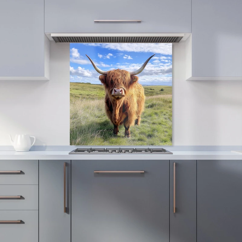 Image of Warren Reed - Designer Highland Cow In Summer Kitchen Splashback Size: 600mm x 600mm Multicolor Unisex 600mm x 600mm