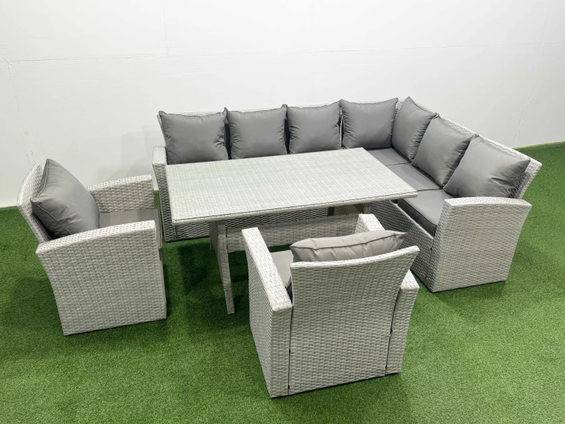 Image of Fimous Rattan Garden Furniture Set Outdoor 8 Seater Dining Corner Sofa Set in Light Grey Light Grey Unisex