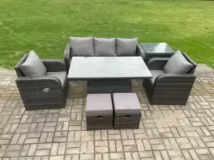 Image of Fimous 5 Seater Outdoor Dark Grey Wicker PE Rattan Garden Furniture with Adjustable Table, Side Table and 2 Stools