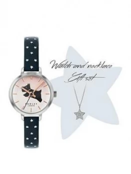Image of Radley Blush And Blue Dog Dial Blue Star Print Strap Ladies Watch And Necklace Gift Set
