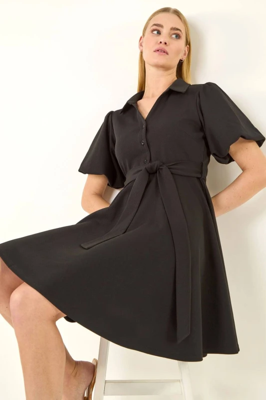 Image of Roman Womens Belted Puff Sleeve Dress in Black Size: 16 Black Female 16