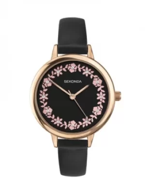 Image of Sekonda Ladies Editions Black Floral Stone Set Dial Leather Strap...